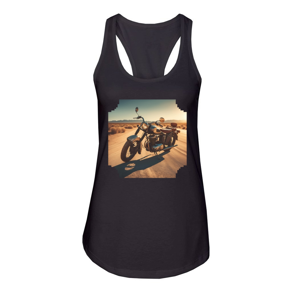 A vintage motorcycle parked on a desert road Women's Racerback Tank