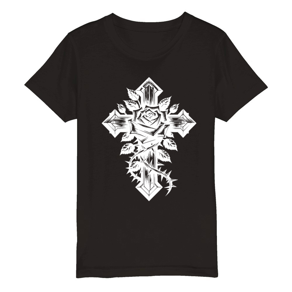 Rose With Thorns On An Elegant Cross Organic Kids Crewneck T-shirt