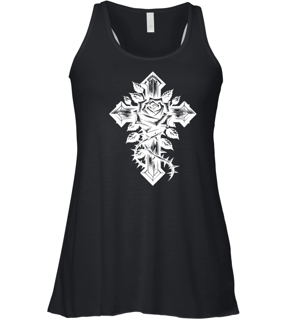 Rose With Thorns On An Elegant Cross Women's Flowy Tank Top