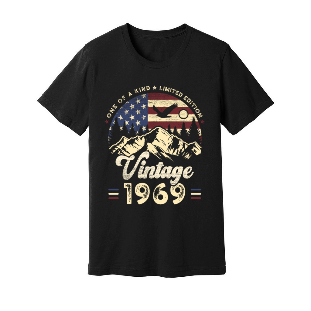 Vintage 1969 Birthday American Flag Unisex Jersey Tee