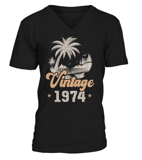 Vintage 1974 Birthday Palm Trees V-Neck T-shirt