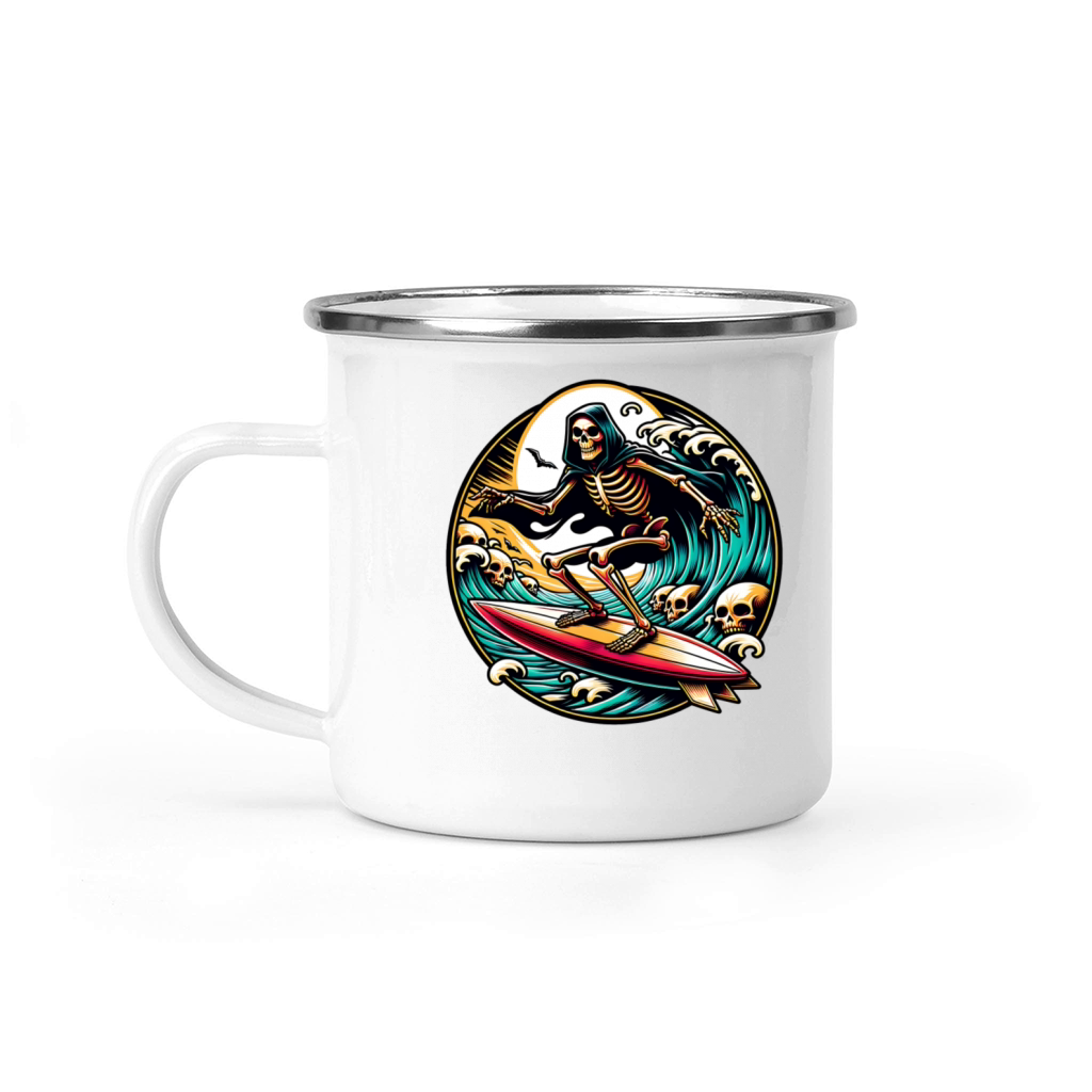 Vintage Surfing Skeleton Shirt Halloween Surfboard Camping Mug
