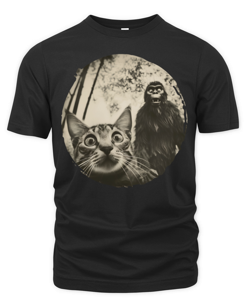 Surprised Cat and Bigfoot Encounter Design Organic Unisex T-shirt