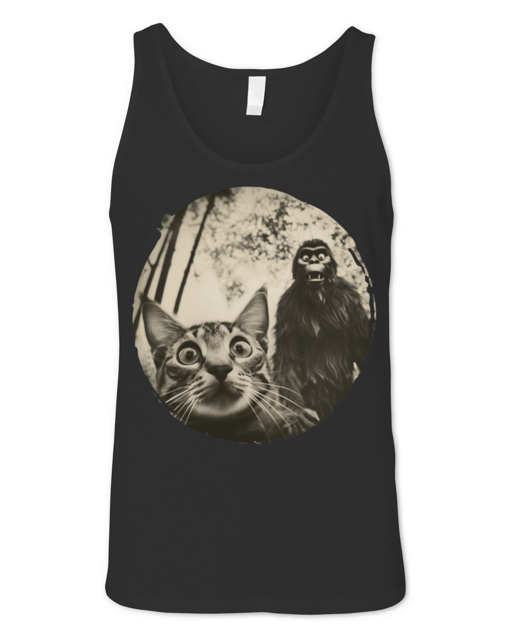 Surprised Cat and Bigfoot Encounter Design Unisex Jersey Tank