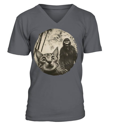 Surprised Cat and Bigfoot Encounter Design V-Neck T-shirt