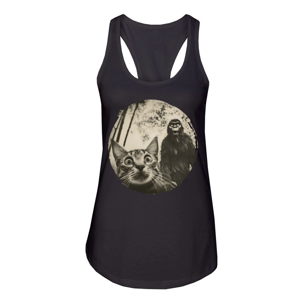 Surprised Cat and Bigfoot Encounter Design Women's Racerback Tank