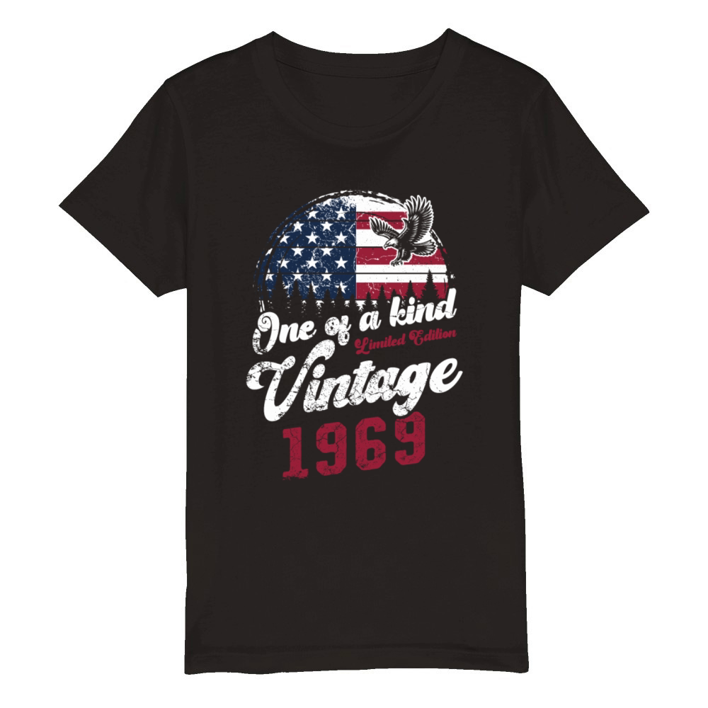 Vintage 1969 Birthday American Flag Organic Kids Crewneck T-shirt