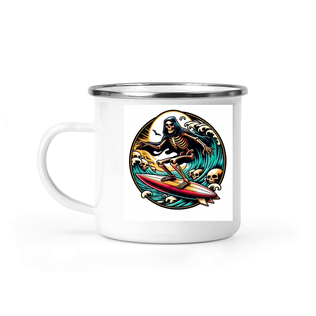 Vintage Surfing Skeleton Shirt Halloween Surfboard Camping Mug