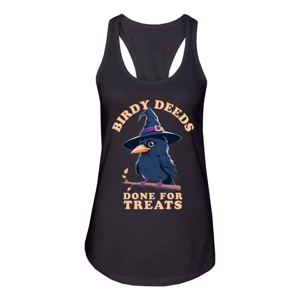 Birdy Deeds Done For Treats - Funny Halloween Witc Women's Racerback Tank