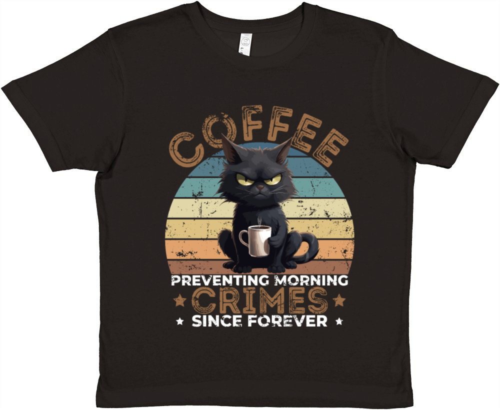 Coffee Preventing Morning Crimes Cat Humor Premium Kids Crewneck T-shirt