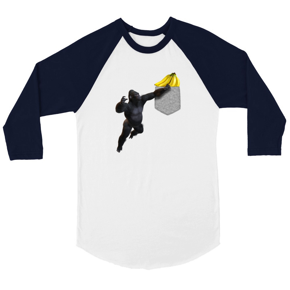 Gorilla Reaching For Banana In Fake Pocket Funny Unisex ¾ sleeve Raglan T-shirt