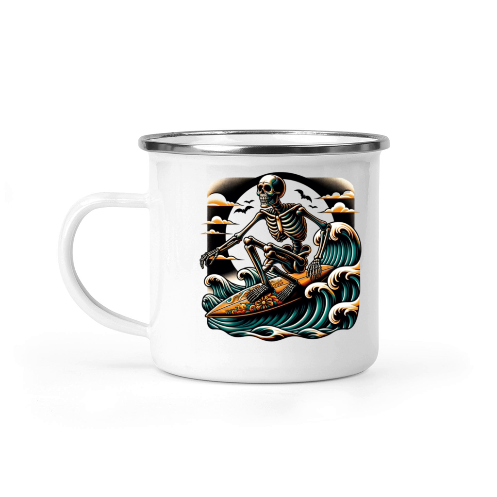 Vintage Surfing Skeleton Shirt Halloween Surfboard Camping Mug