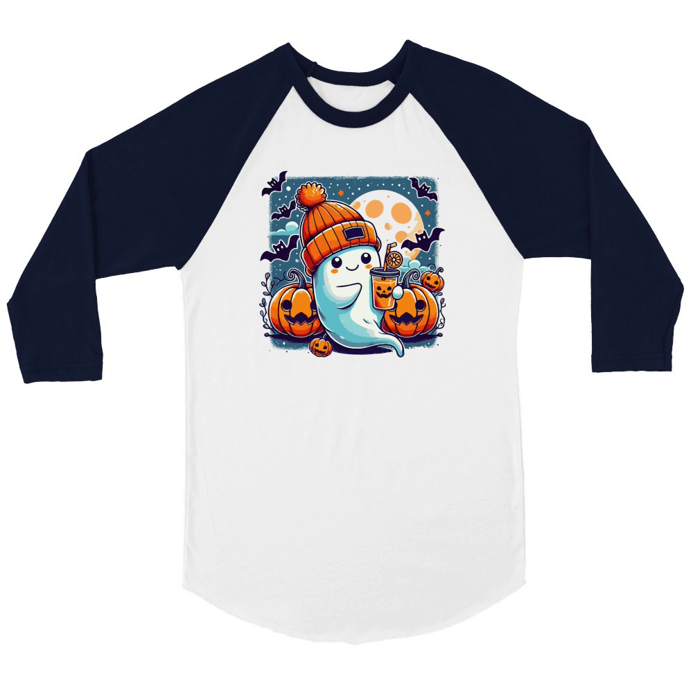 Cute Ghost PNG Halloween Sublimation Unisex ¾ sleeve Raglan T-shirt