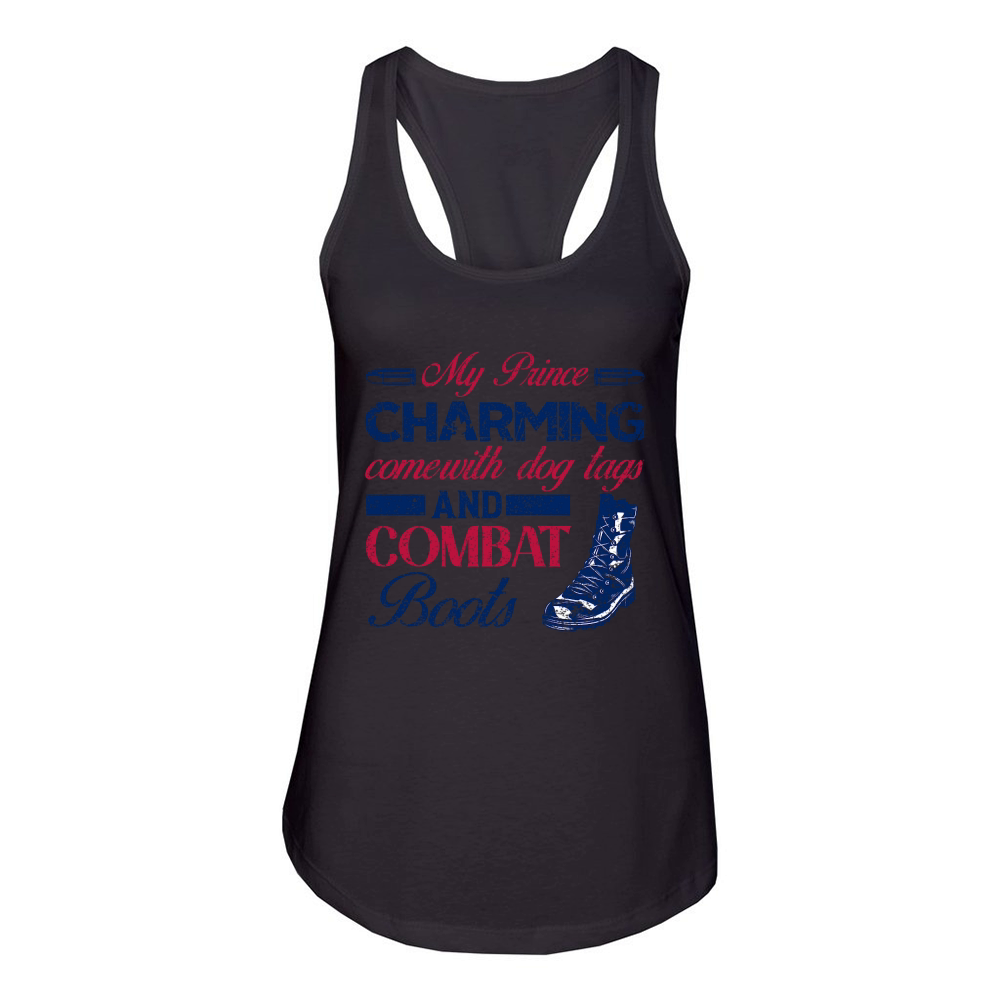 My Prince Charming Comewith Dog Tags And Combat Boots Women's Racerback Tank