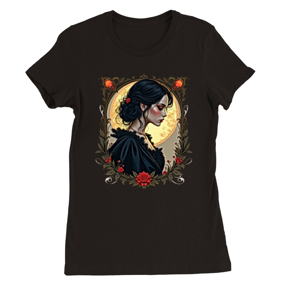 Elegant Woman in Floral Frame Art Premium Womens Crewneck T-shirt