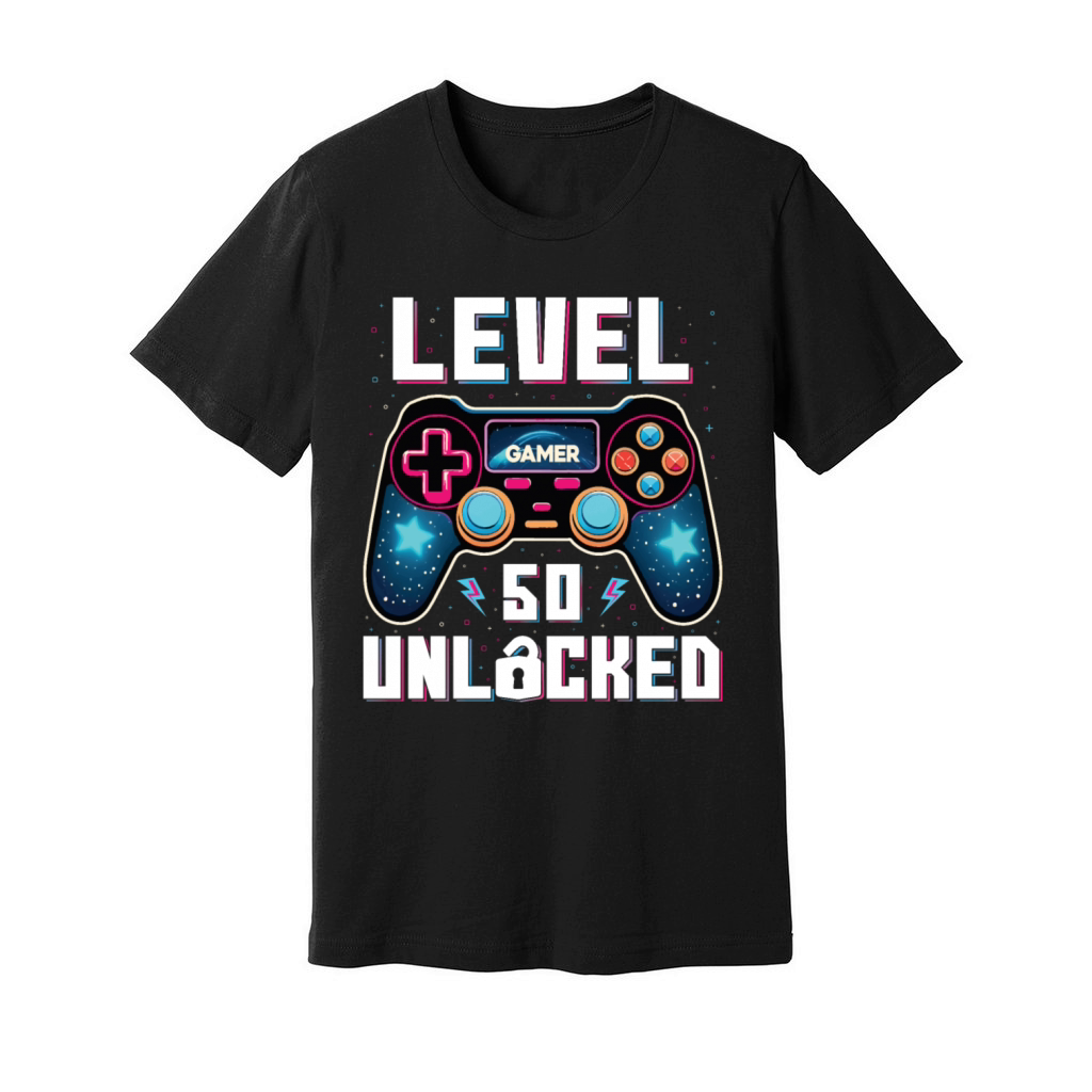 Level 50 Unlocked 50th Birthdays Gamer Gift Unisex Jersey Tee