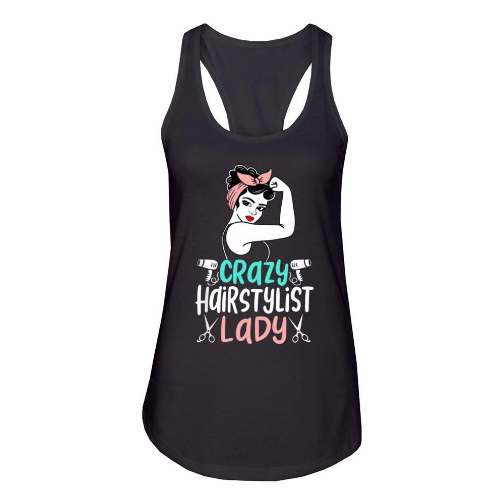 Cute Crazy Hairstylist Lady Funny Hair Salon Hair Women's Racerback Tank
