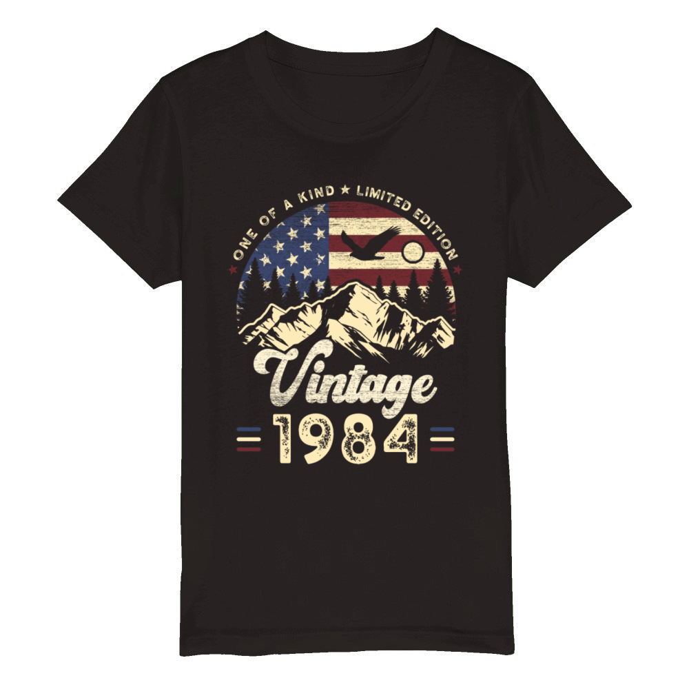 Vintage 1984 Birthday American Flag Organic Kids Crewneck T-shirt