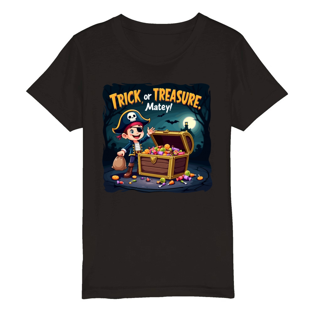 Trick or Treasure Pirate Month Halloween Organic Kids Crewneck T-shirt
