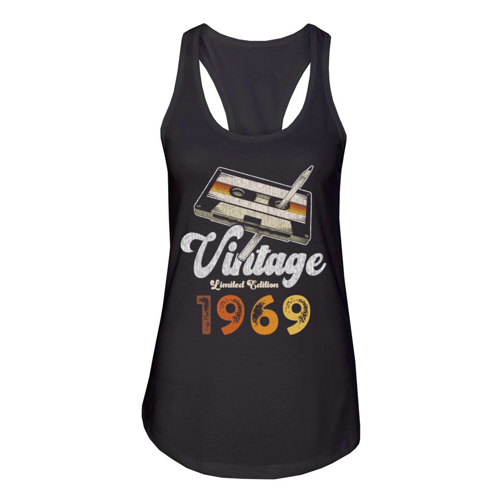Vintage 1969 Birthday Cassette Pencil Women's Racerback Tank