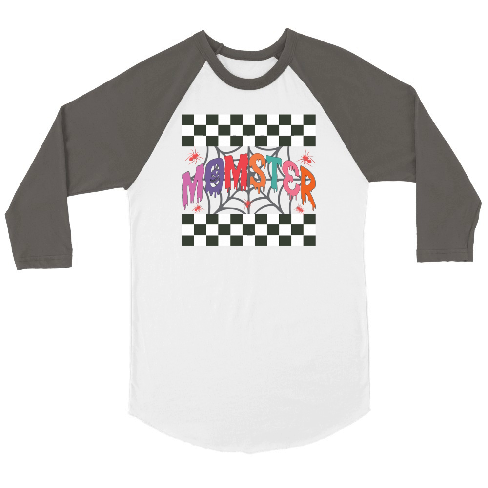 Momster Halloween Mom Retro Checkered Unisex ¾ sleeve Raglan T-shirt
