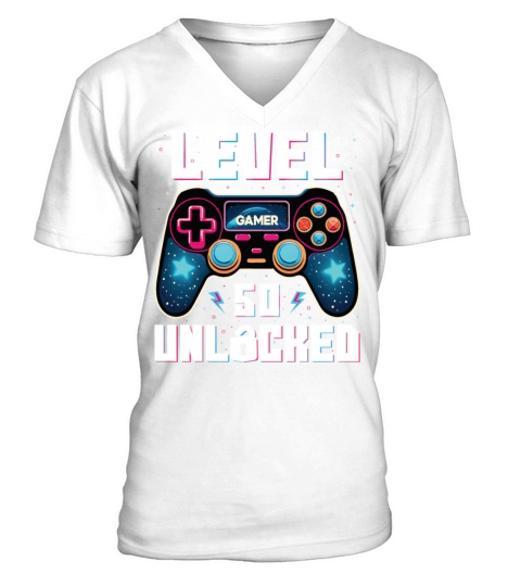 Level 50 Unlocked 50th Birthdays Gamer Gift V-Neck T-shirt