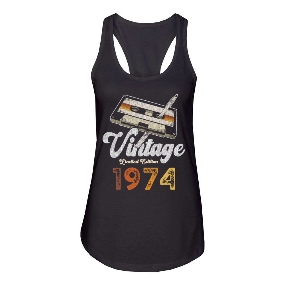 Vintage 1974 Birthday Cassette Pencil Women's Racerback Tank