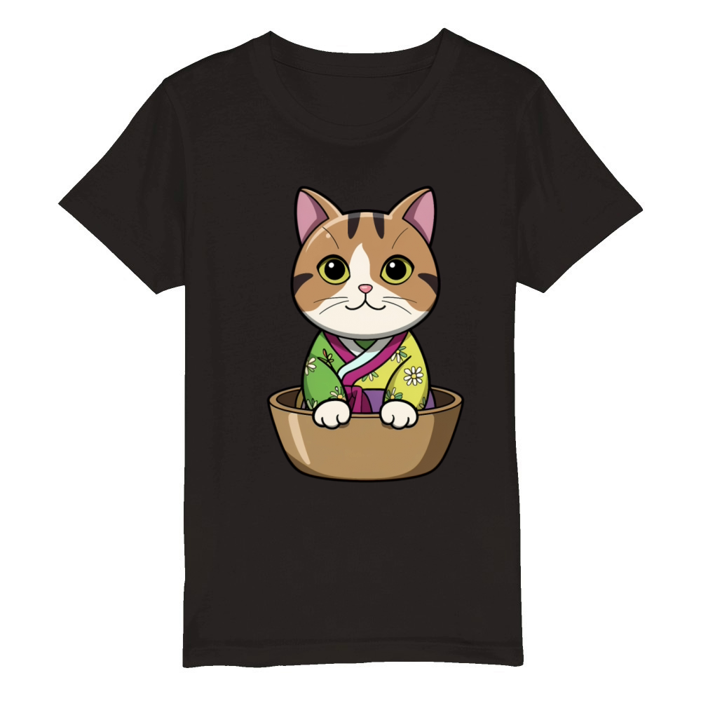 Cute Korean Cat in Bowl - Manga Style Organic Kids Crewneck T-shirt