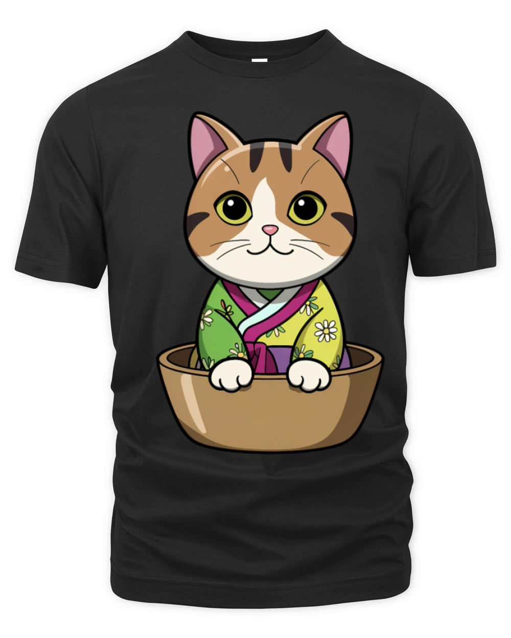 Cute Korean Cat in Bowl - Manga Style Organic Unisex T-shirt