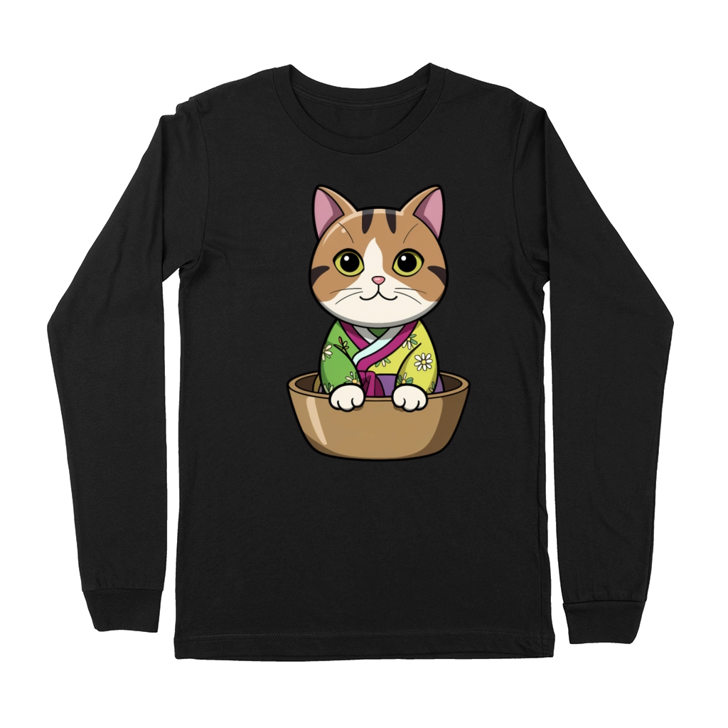 Cute Korean Cat in Bowl - Manga Style Premium Long Sleeve