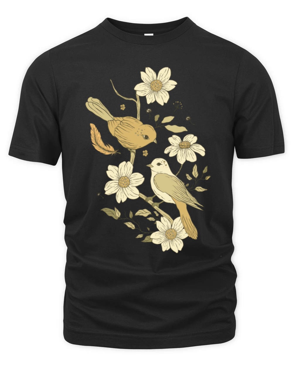 Beige Brown Bird Vintage Floral Organic Unisex T-shirt