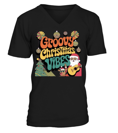 Groovy Christmas Retro 70s Vibes Psychedelic Holid V-Neck T-shirt