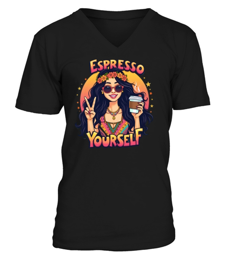 Hippie Girl - Espresso Yourself Retro Coffee Art V-Neck T-shirt