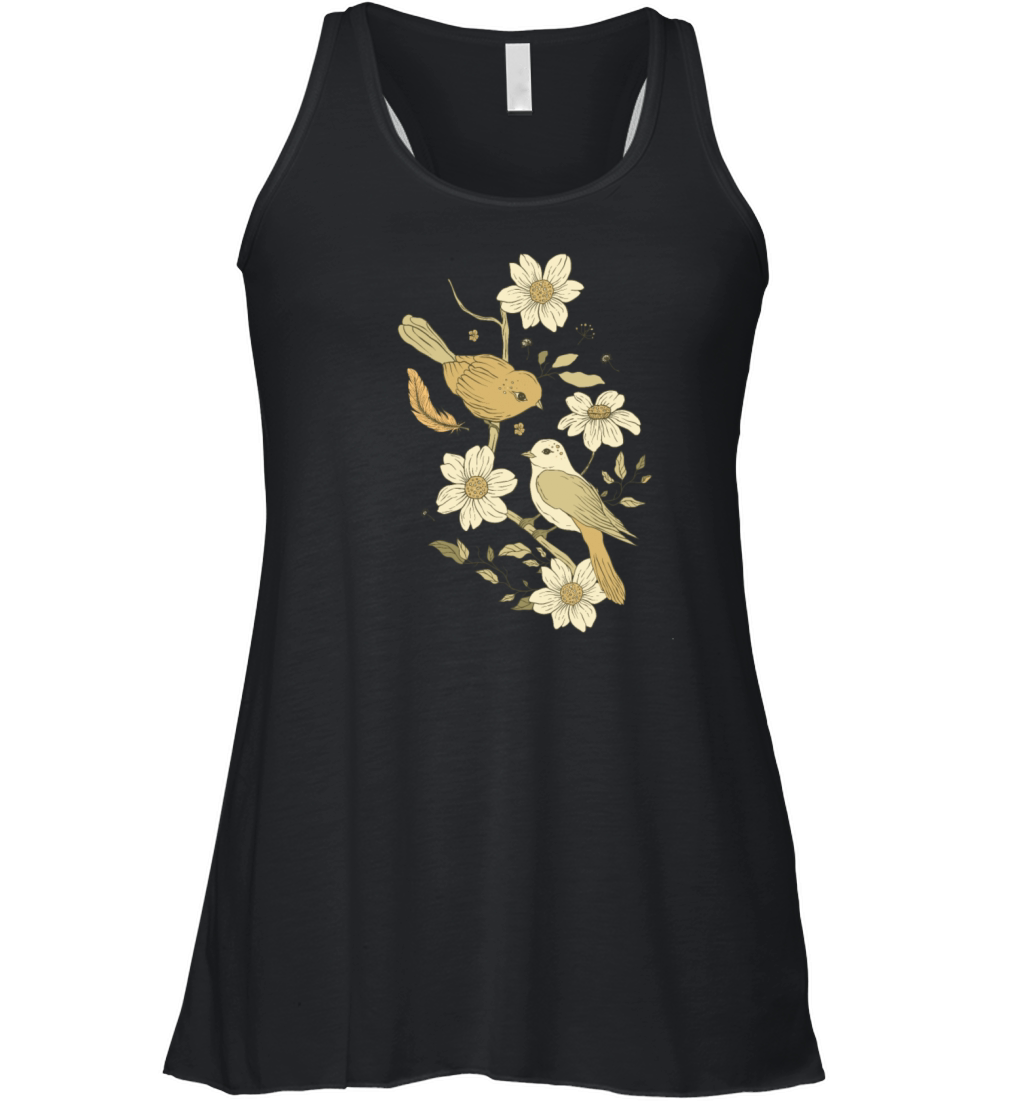 Beige Brown Bird Vintage Floral Women's Flowy Tank Top