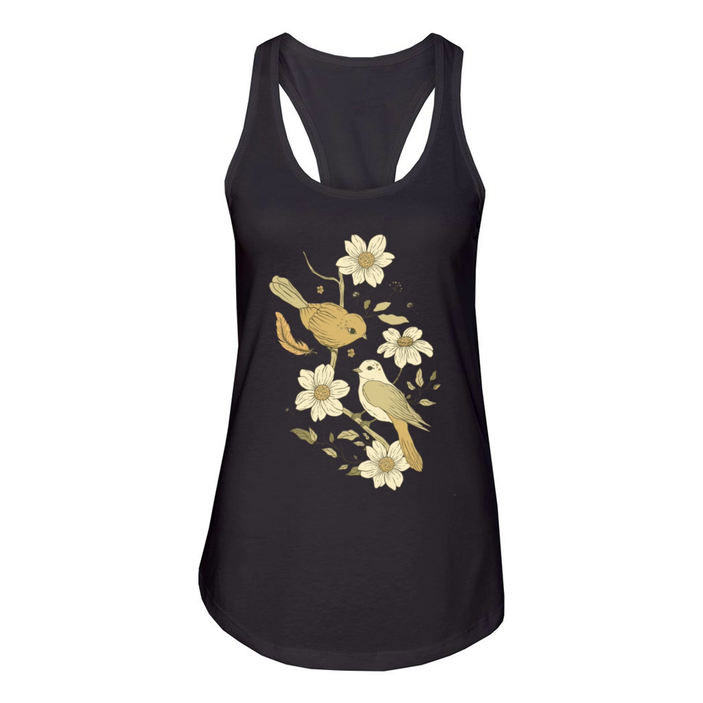 Beige Brown Bird Vintage Floral Women's Racerback Tank