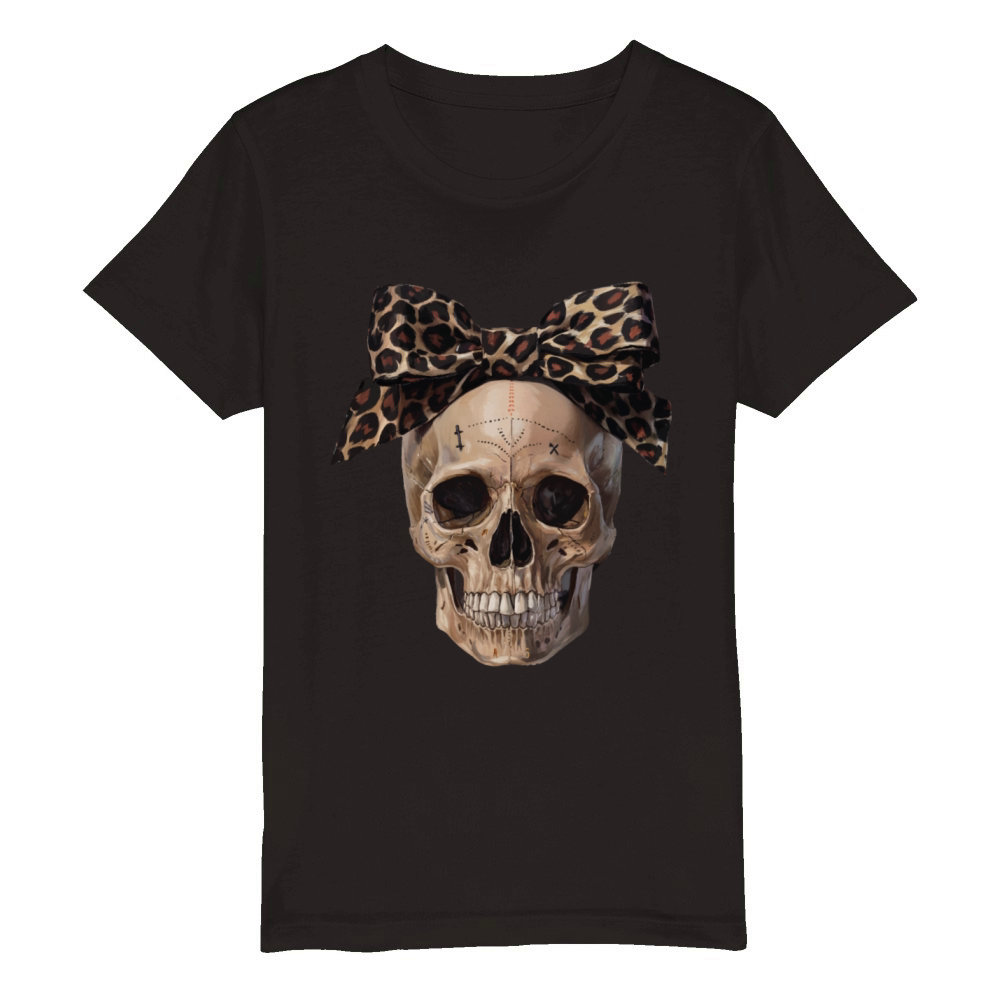 Leopard Bow Skull Art - Edgy Vintage Design Organic Kids Crewneck T-shirt