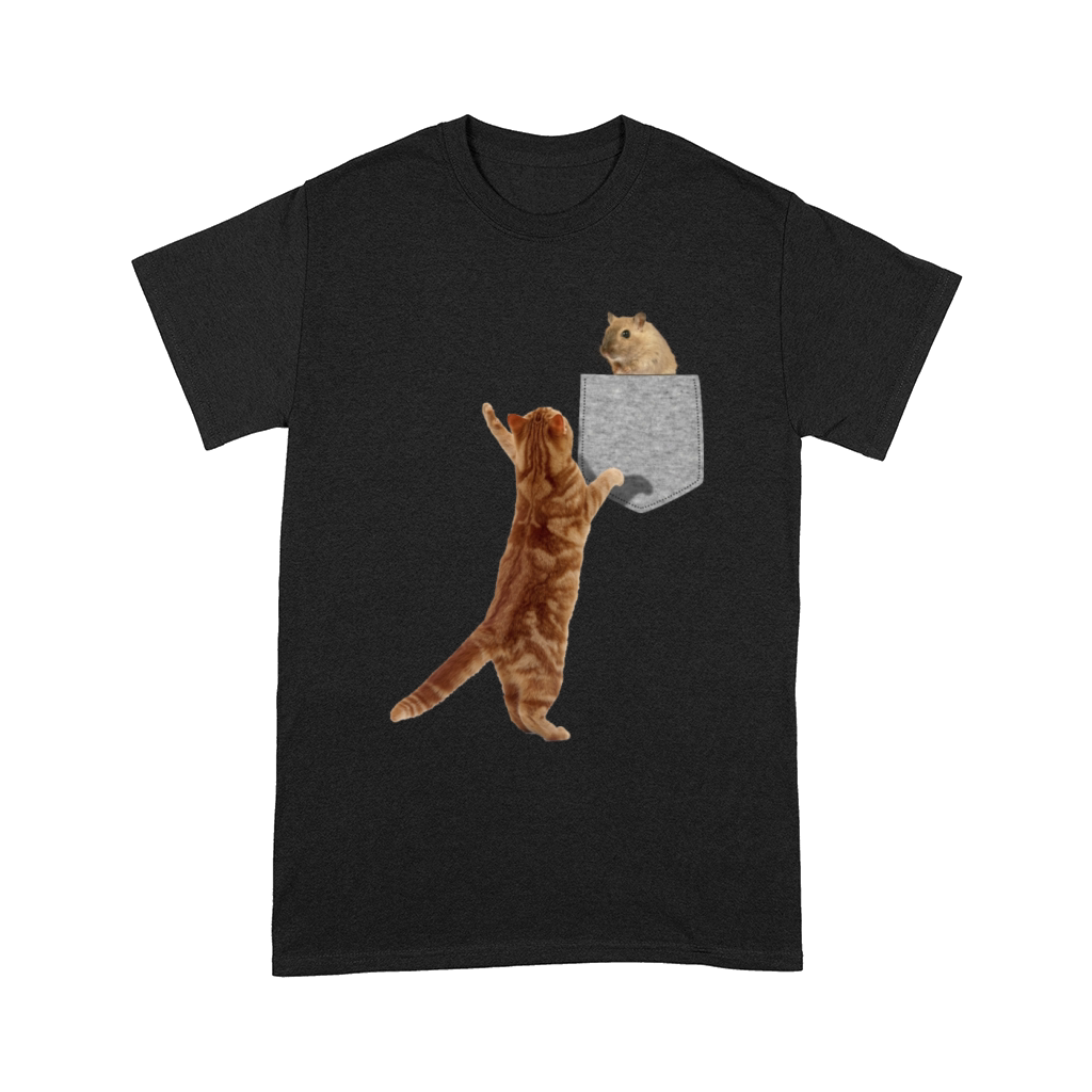 Cat Reaching For Hamster In Fake Pocket Funny Comfort T-shirt