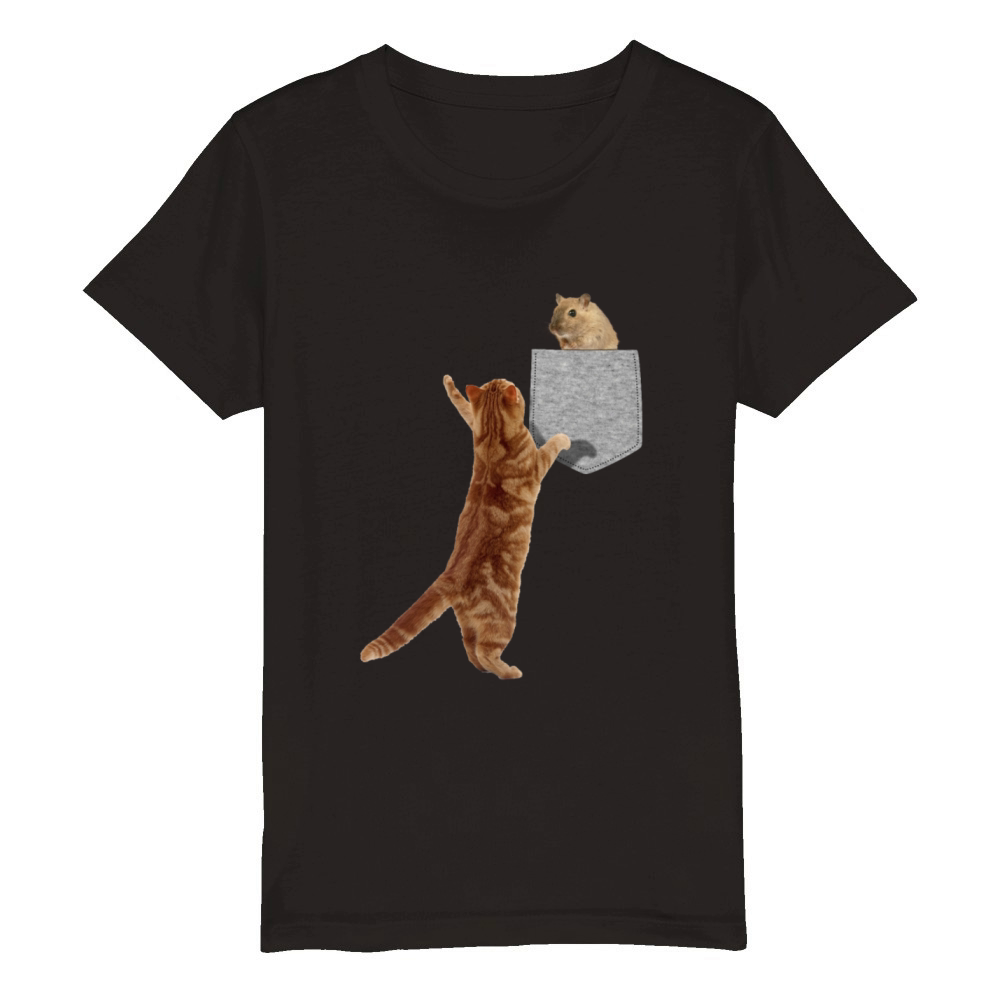Cat Reaching For Hamster In Fake Pocket Funny Organic Kids Crewneck T-shirt