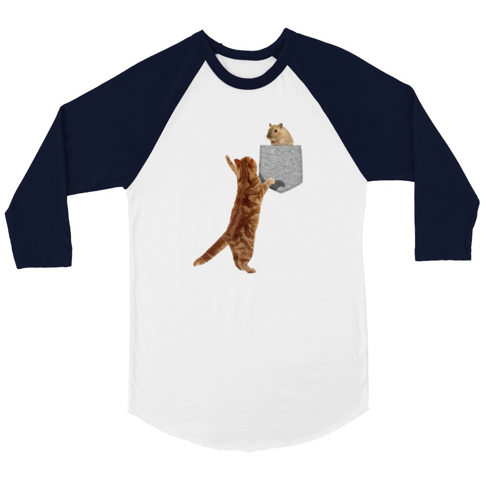 Cat Reaching For Hamster In Fake Pocket Funny Unisex ¾ sleeve Raglan T-shirt