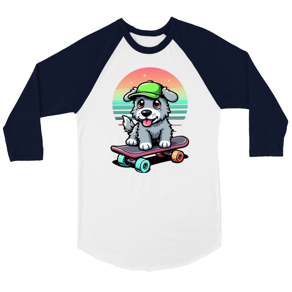 Retro Gaming Dog on a Skateboard Unisex ¾ sleeve Raglan T-shirt
