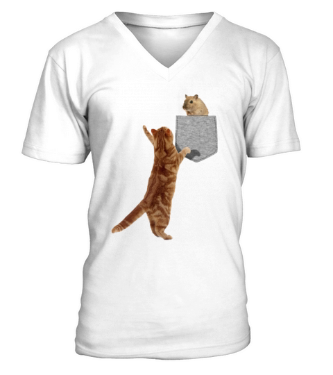Cat Reaching For Hamster In Fake Pocket Funny V-Neck T-shirt