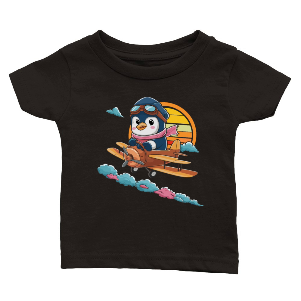 Cute Penguin Pilot Flying Vintage Airplane Classic Baby Crewneck T-shirt