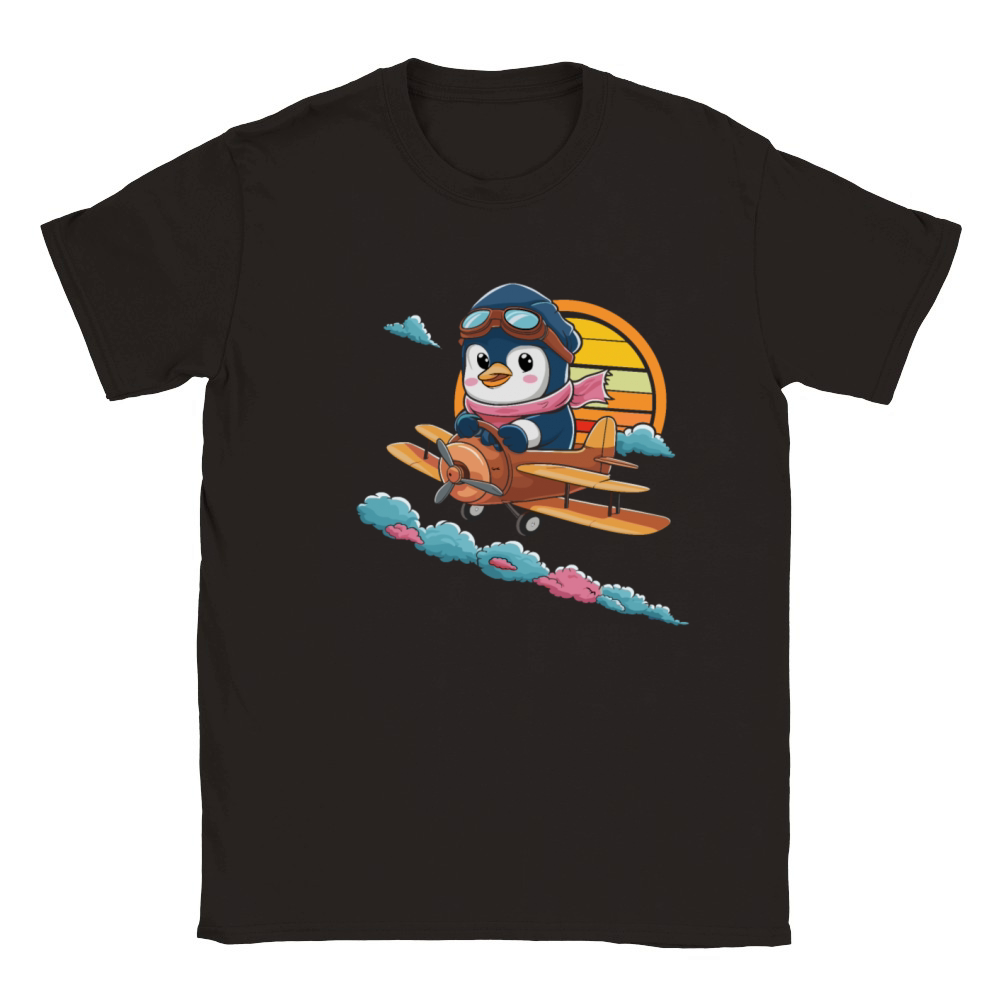 Cute Penguin Pilot Flying Vintage Airplane Classic Kids Crewneck T-shirt