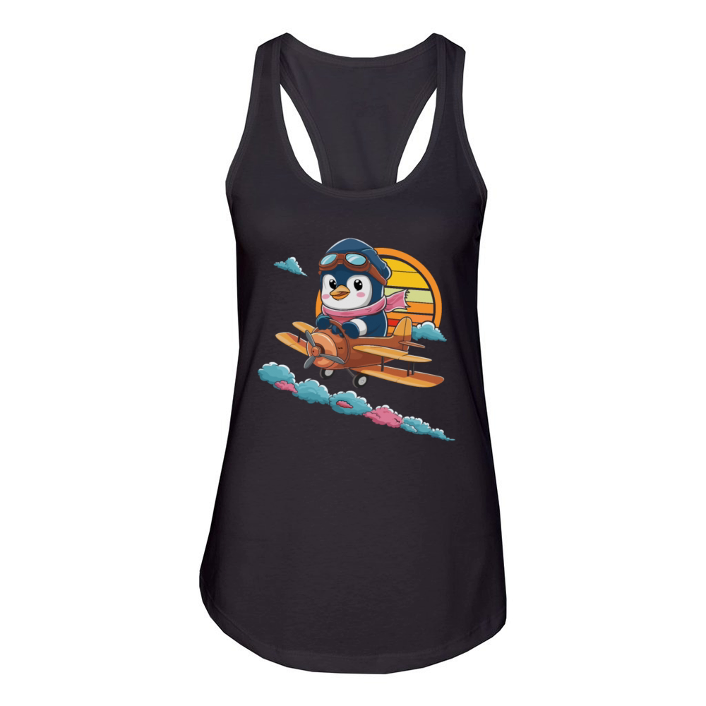 Cute Penguin Pilot Flying Vintage Airplane Women's Racerback Tank