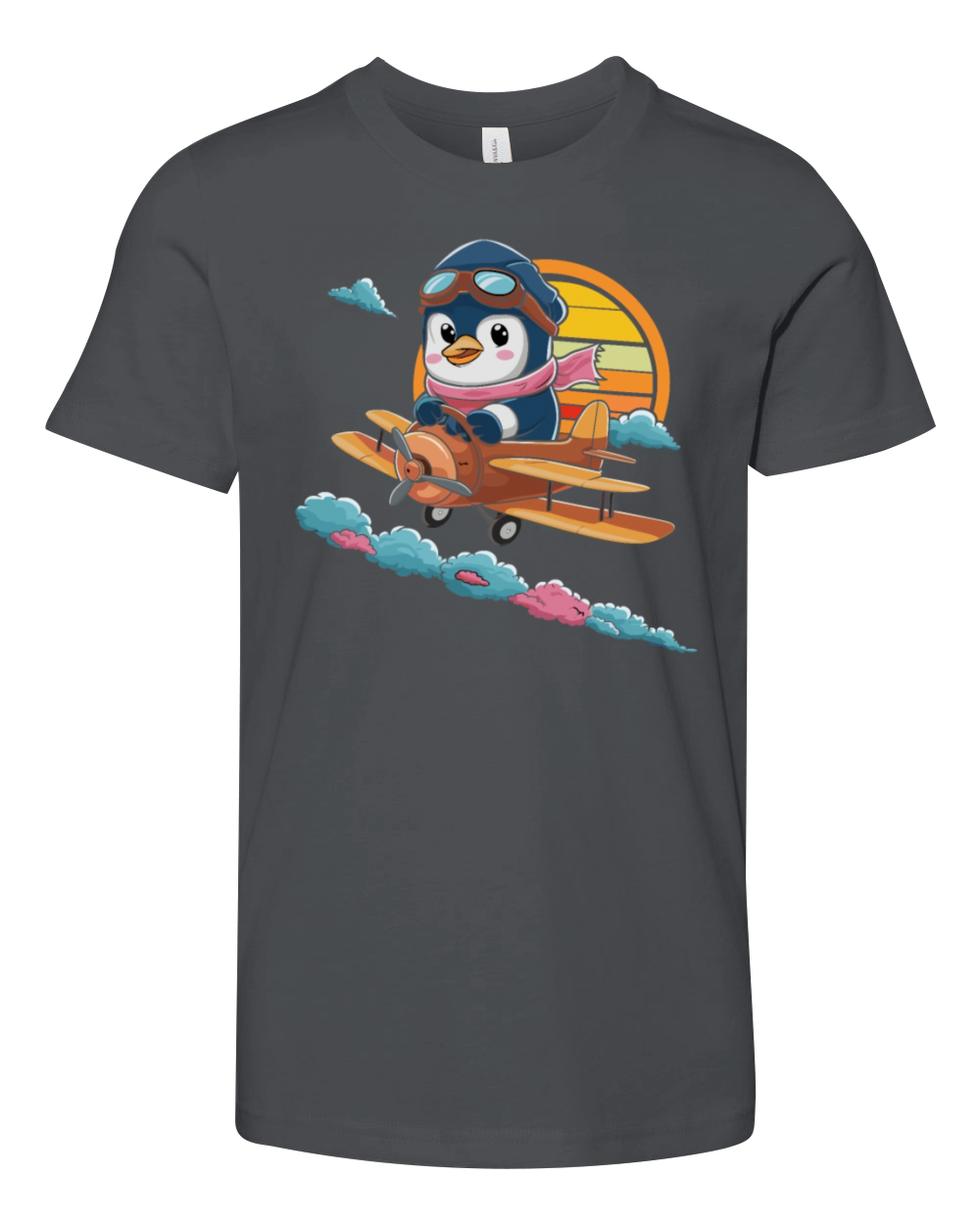 Cute Penguin Pilot Flying Vintage Airplane Youth Unisex Jersey Tee