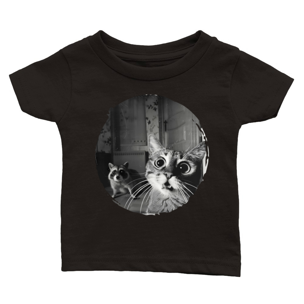 Vintage Surprised Cat and Raccoon Encounter Design Classic Baby Crewneck T-shirt