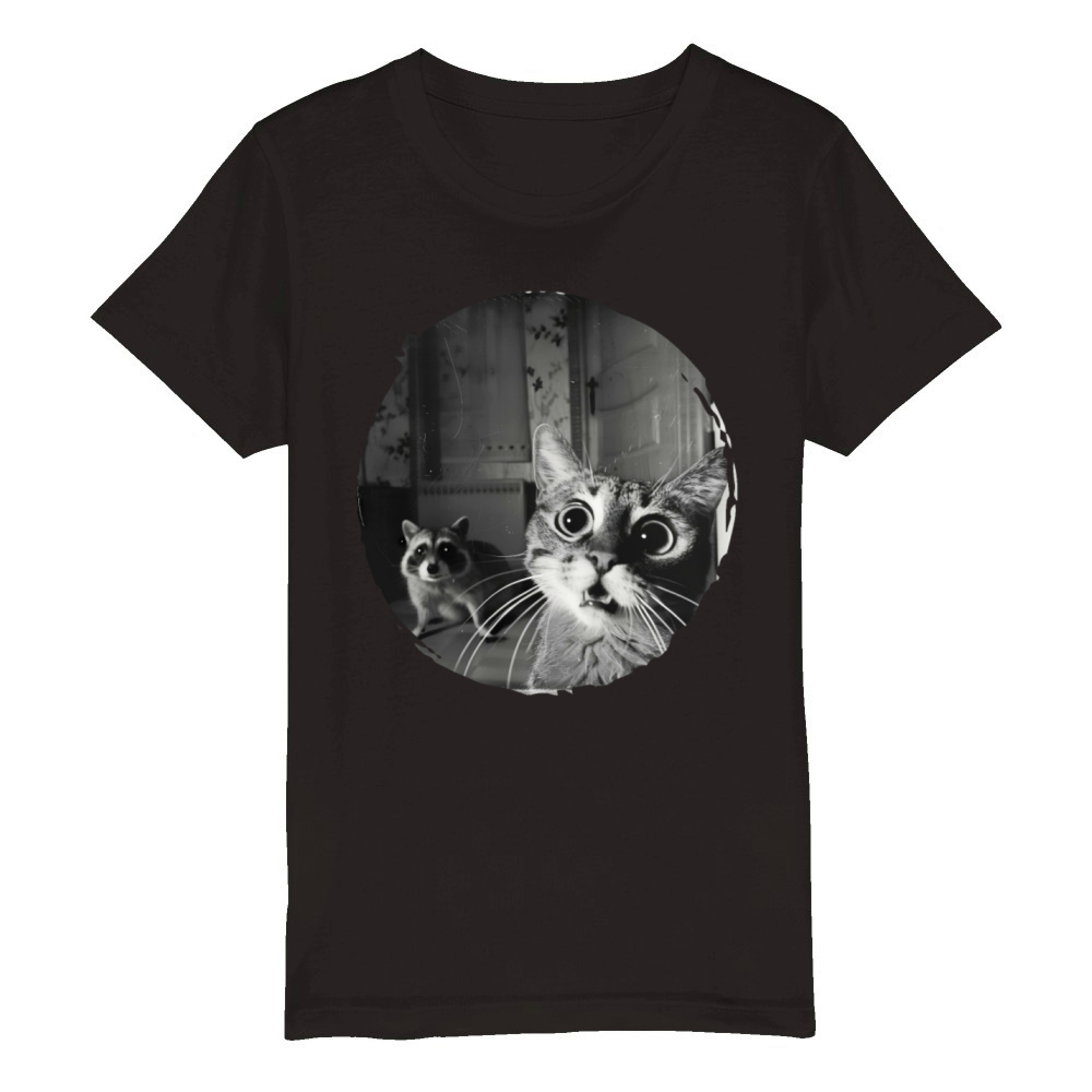 Vintage Surprised Cat and Raccoon Encounter Design Organic Kids Crewneck T-shirt