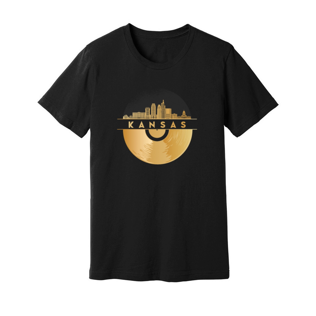 Vinyl-Record-Player Disco-Music Skyline-Kansas Unisex Jersey Tee