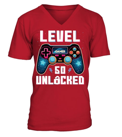 Level 50 Unlocked 50th Birthdays Gamer Gift V-Neck T-shirt