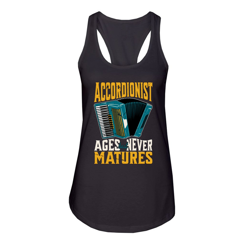Accordionist Ages But Never Matures Folk Music Women's Racerback Tank